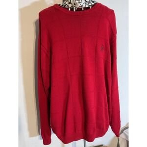 IZOD Mens XL Red Textured Grid 100% Cotton Crewneck Pullover Sweater Long Sleeve